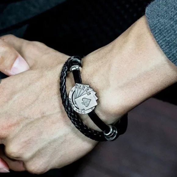 Unisex Leather Braided Bracelet Poker Spade Royal Flush - Picture 6 of 13